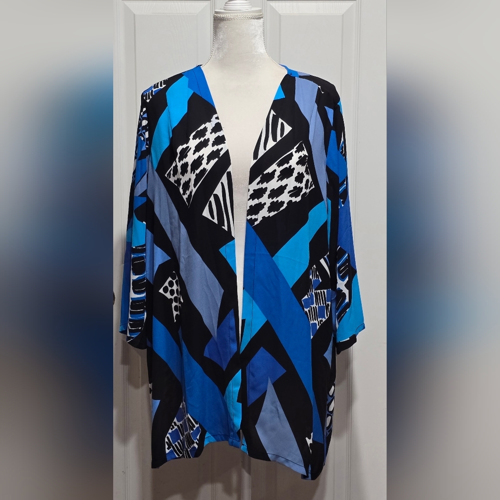 Bob Mackie Carnival Abstract Blue Black Wearable Art Open Front Cardigan Kimono